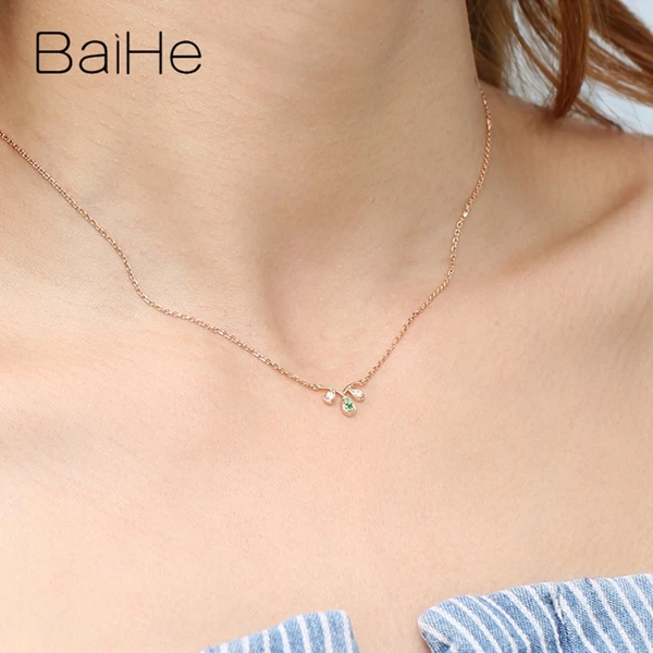 BAIHE Solid 18K розовое золото Сертифицированный 0.03ct круглый натуральный изумруды женские свадебные модные ювелирные изделия Подарочные ожерелья