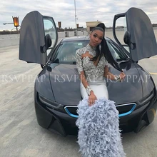 Длинное сексуальное платье для выпускного вечера es с высоким горлом из бисера кружева с длинным рукавом африканская темнокожая девушка Серебряное платье с перьями для выпускного вечера