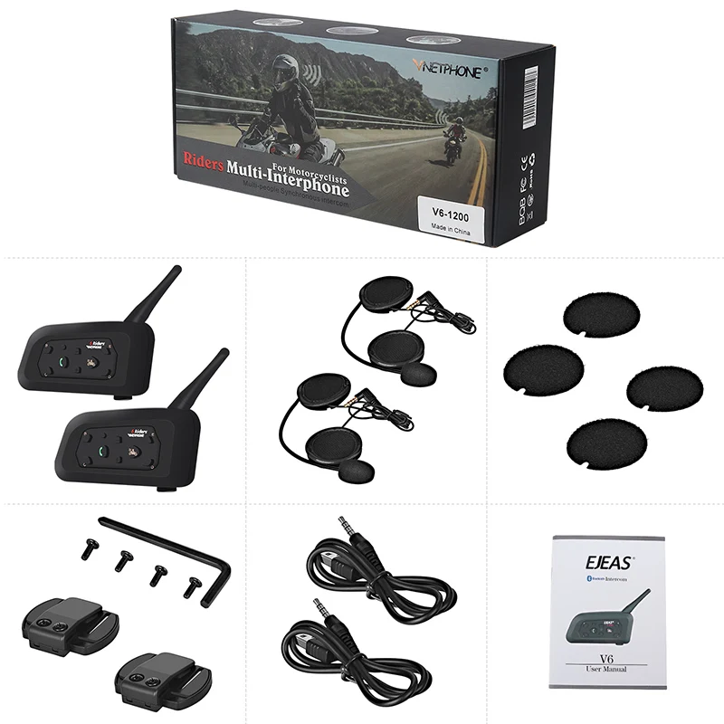 Мотоциклетный шлем bluetooth walkie talkie 6 человек 1200 м полный дуплекс bluetooth walkie talkie V6-1200m двойной пакет
