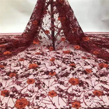 

red Embroidery Leaves Pattern Lace with beads Hot Sale African French Tulle Mesh Lace Fabric Sequins Lace Fabric for Bridal