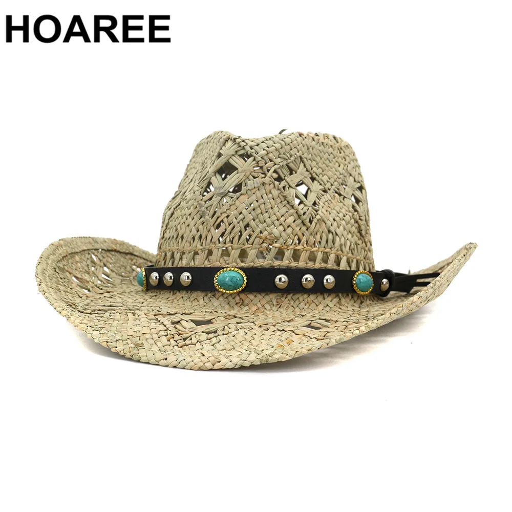 

HOAREE Men's Sun Hat Wide Brim Cowboy Hat Women Panama Handmade Knitting Beach Casual Male Female Summer Fedora