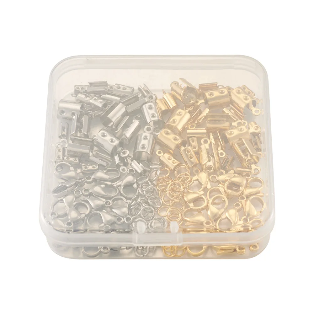 150pcs/Box 304 Stainless Steel Folding Crimp Ends with Lobster Claw Clasps For DIY Bracelet Jewelry End Connector Accessories