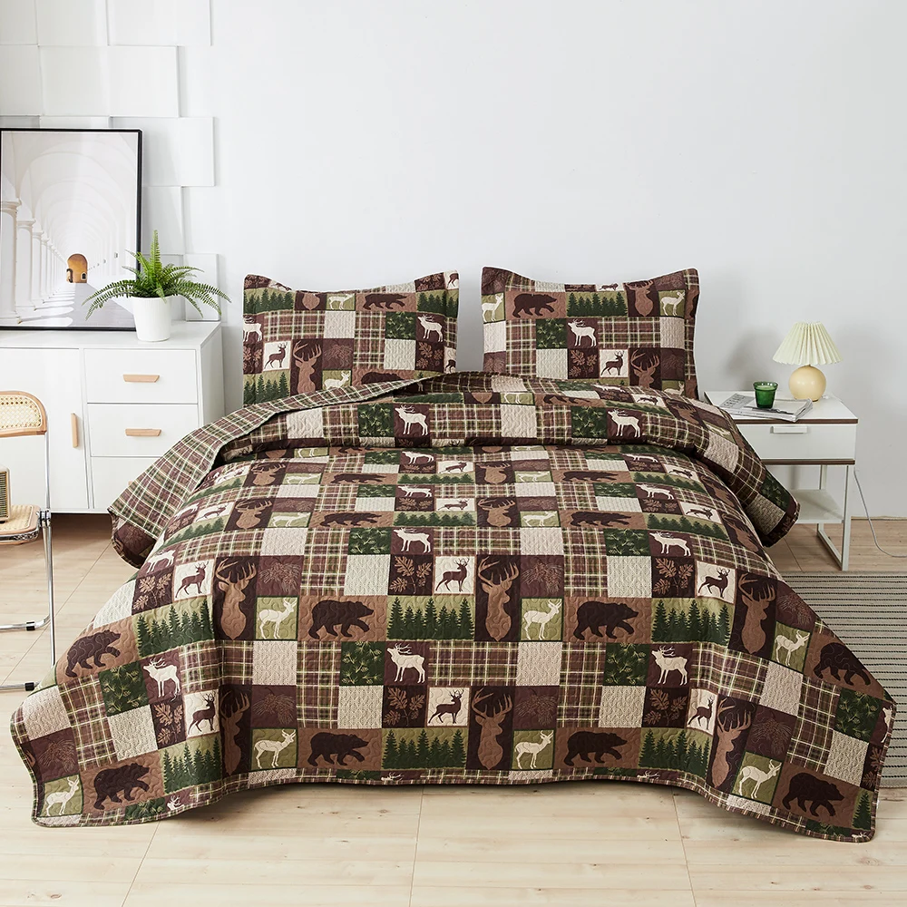 3PCS Quilt Sets King Bear Deer Bedspread Lightweight Red Black Bedding Sets Hone Decor Gift Bed Sheet  Reversible Coverlet Sets 