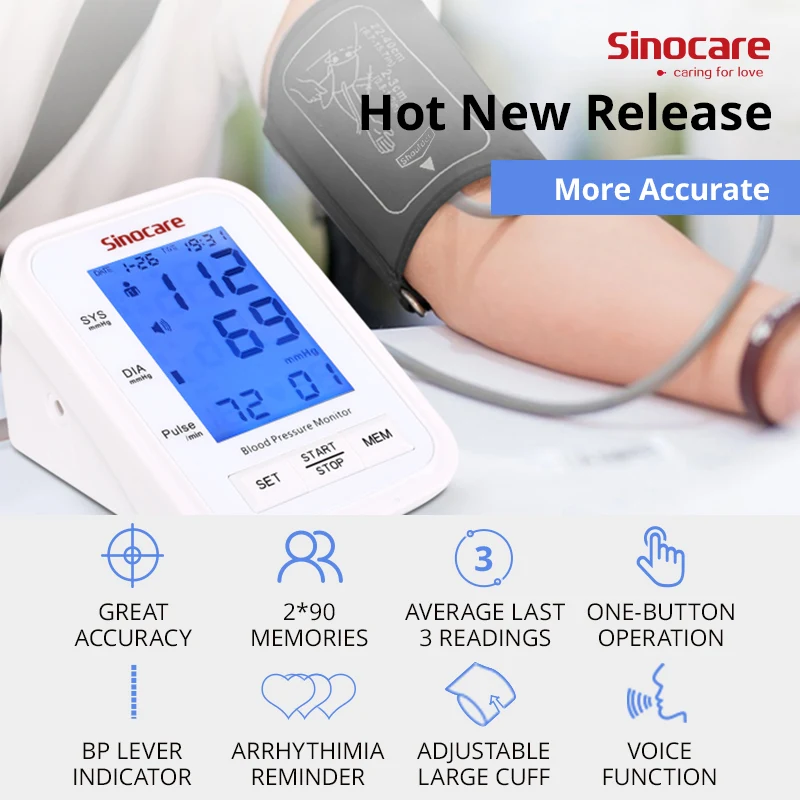 Blood Pressure Monitor Blood Pressure Meter Sinocare Arm Automatic BP Sphygmomanometer with 3-Color LCD Display Intelligent Tonometer