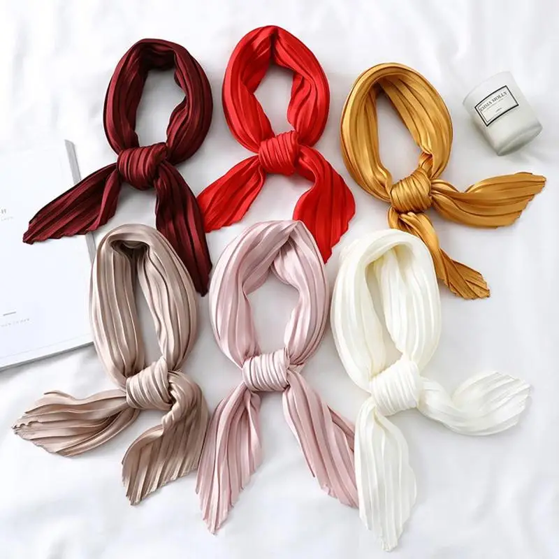 

Wild Small Scarf Pleated Square Scarf Female Spring And Summer Decorative Scarf Crease Satin Simulation Silk Fashion Casual