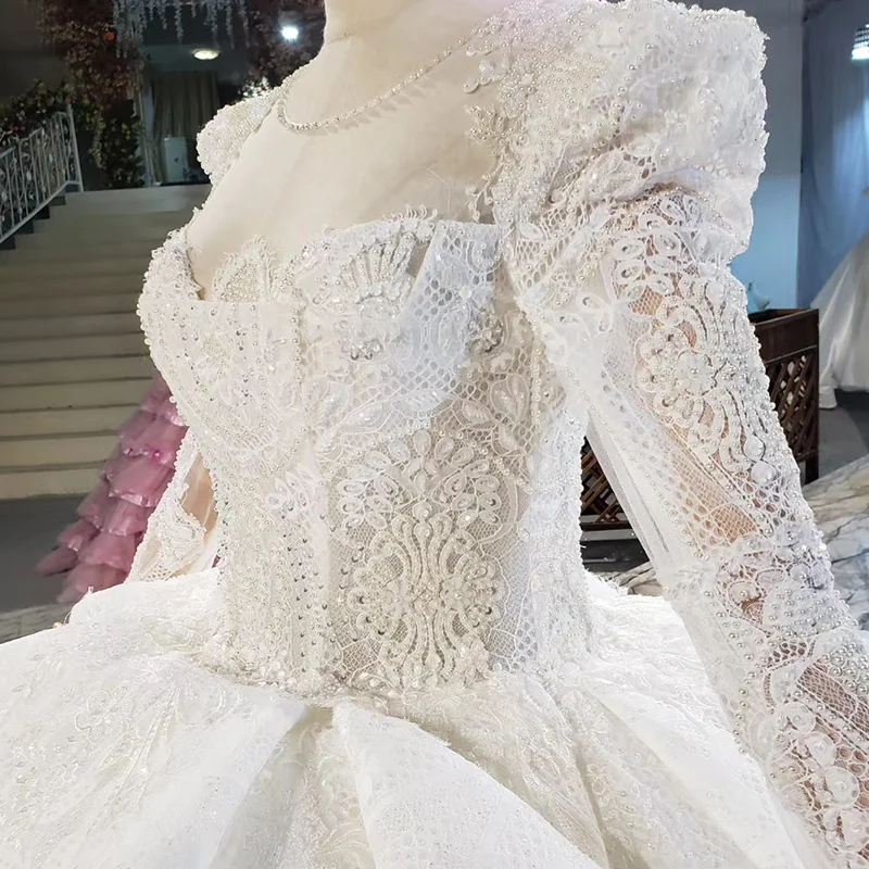 HTL1904 Luxury Beading And Sequins Wedding Dress 2020 Long Sleeve Lace Up Back O-Neck Appliques Ball Gowns 5
