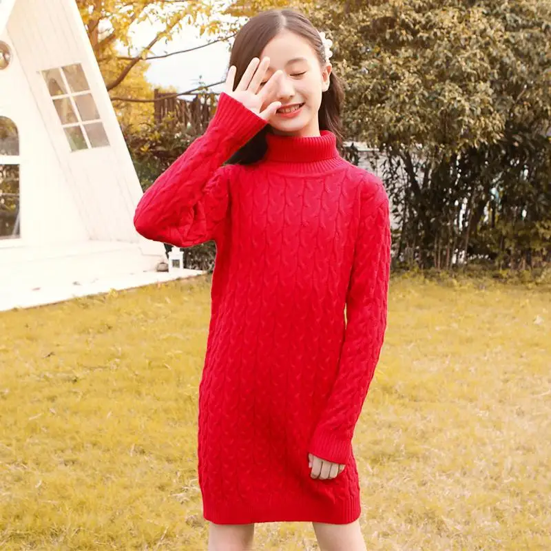 Осенне-зимнее детское теплое плотное бархатное платье-свитер с длинными рукавами для девочек детское вязаное платье-пуловер с высоким воротом K196