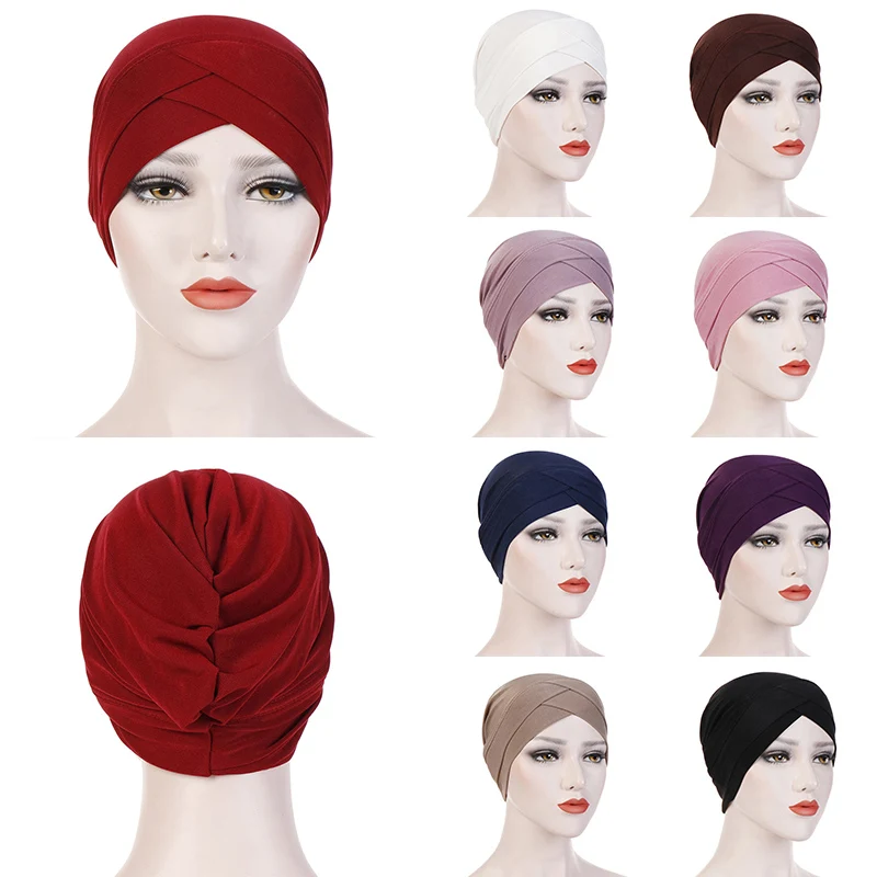 

Fashion Women Soft Headscarf Caps Soild Color Muslim Hijab Comfort Hat Turban Caps Sleeve Caps Print Chechia India Hat