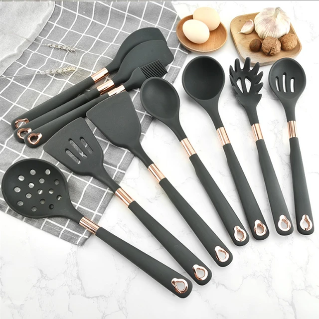 Kitchen Utensil Set - Black / Wood  Cooking utensils set, Silicone cooking  utensils, Cooking tool set