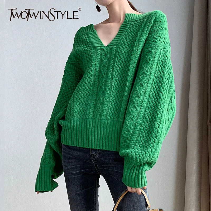 TWOTWINSTYLE Casual Striped Knitting Sweaters For Female V Neck Lantern Long Sleeve Autumn Pullovers Female Fashion Clothing New