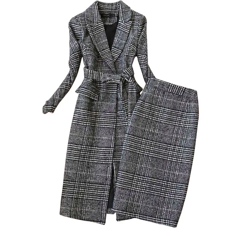Клетчатый костюм для женщин осень зима длинный шерстяной Блейзер и юбка комплект темперамент твидовый Тренч комплект из двух предметов плюс размер наряд f1834 - Цвет: gray