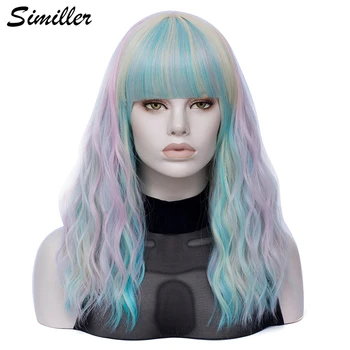 

Similler Women Long Synthetic Wig Curly Hair Heat Resistance Fiber Multicolor Rainbow Wigs with Blunt Bangs