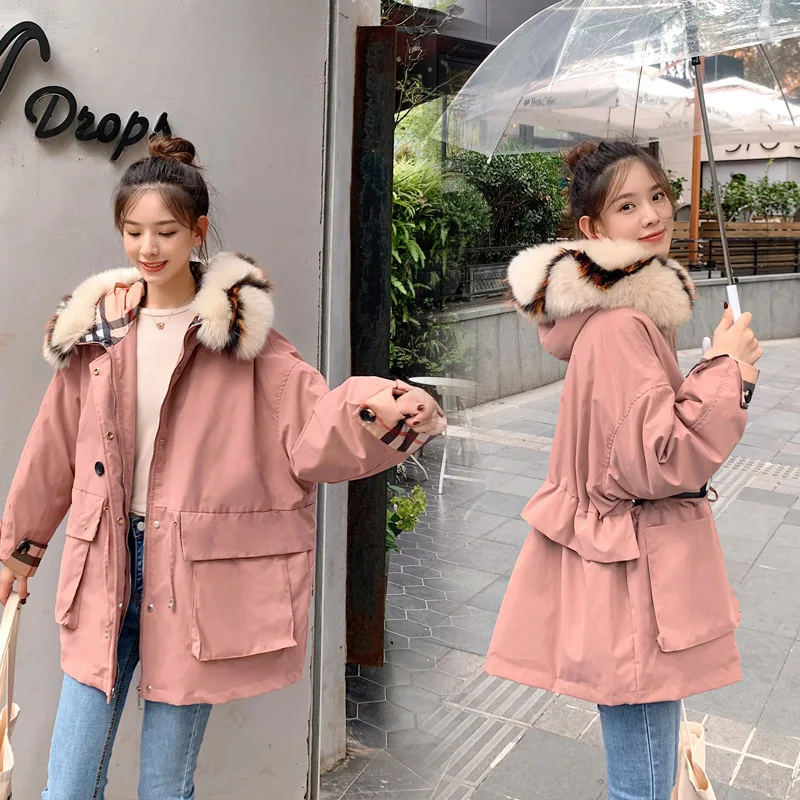 

Photo Shoot New Style down Jacket Korean-style Loose-Fit Cotton-padded Clothes Waist Hugging Drawstring Hooded Large Fur Collar