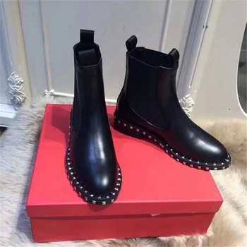 

Women Black solid color wicker boots with elastic sleeve and cool thin bottom square heel Ankle boots Genuine Leather shoes