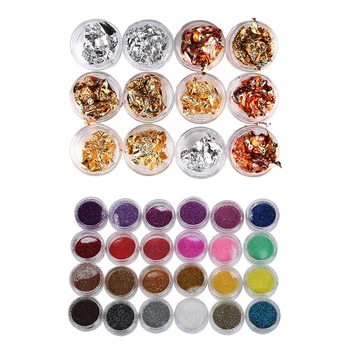 

24 Pcs Colors Glitter Powder Glitter Nail Deco for False Uv Gel Nail & 12 Pcs Nail Art Foil Paper
