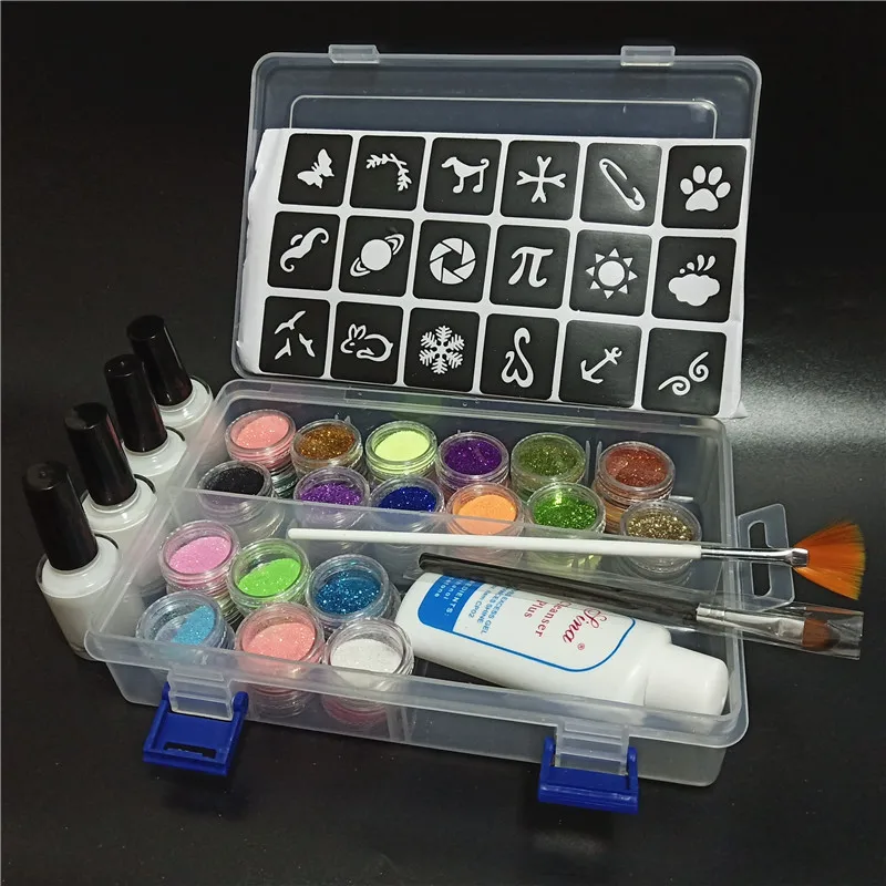 36 Colors Glitter Luminous Kits Box Waterproof Temporary tattoo stencil Body Painting Brushes Glue Stencils Diy Kids Face Toy