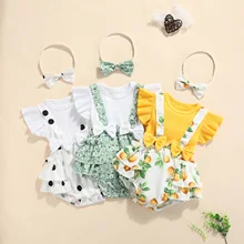 0-24M 2pcs Baby Girls Cute Rompers Headband Flowers Printed Ruffles Short Sleeve Jumpsuits 3 Colors
