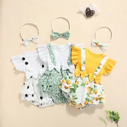 Barboteuse mignonne pour bébé fille, 2 pièces, 0 24M, bandeau imprimé fleurs, volants, manches courtes, combinaisons 3 couleurs 