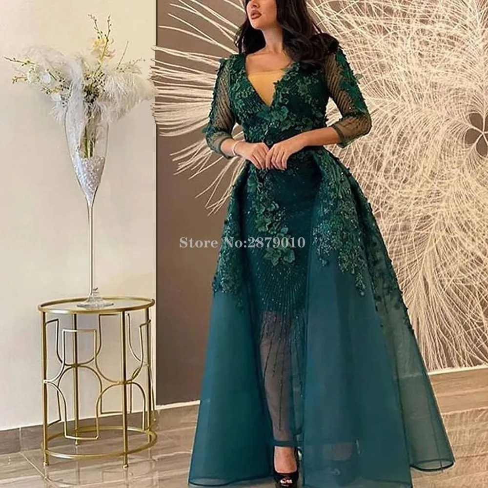 

Turquoise Elegant Mermaid Evening Dress Removable Skirt Floor-Length Applique Beaded Sequins Robe De Soiree Aibye 2020 Dubai