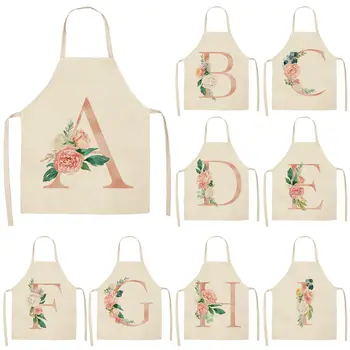 

1Pcs Pink Letter Flower Kitchen Aprons for Women Cotton Linen Bibs Household Cleaning Pinafore Home Cooking Apron 53*65cm