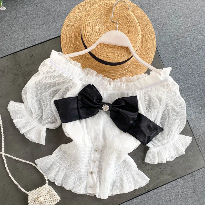 

2020 New Summer Elastic Waisted Slimming Shirt Detachable Bow Off-Shoulder Design Blouse Female Summer Shirts Women Blouses Tops