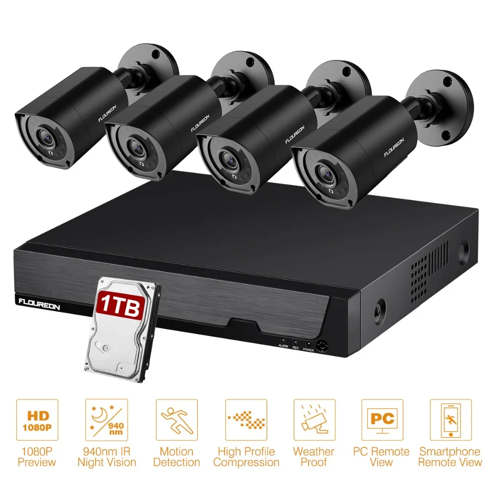 Floureon набор камеры видеонаблюдения 1080N TVI/AHD/CVI/CVBS/IP DVR комплект+ 2MP Всепогодная камера s видеонаблюдение система безопасности камера