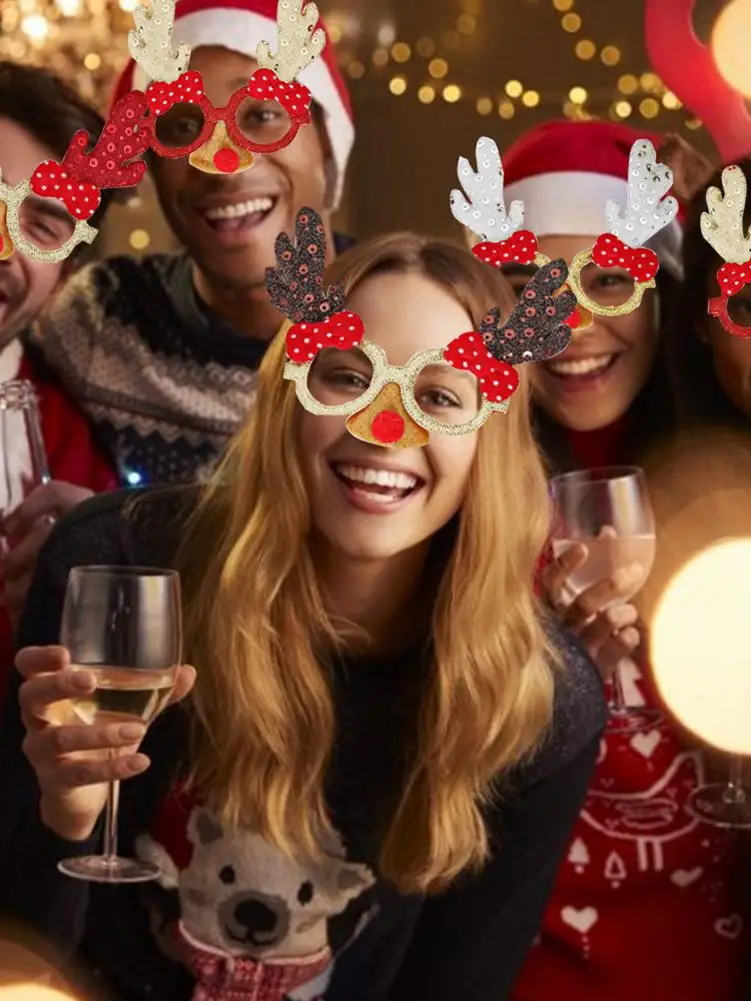 5PCS Christmas Party Glasses Antlers Sequin Glasses Toys Party Supplies Props for Birthday Gifts Christmas Decoration