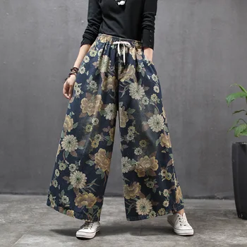 

Woman Vintage Jeans 2020 New Autumn Nation Style Retro Floral Print Elastic High Waist Loose Denim Wide Leg Pants Trousers