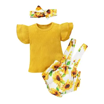 

Baby Girl Flying Sleeve Tops Floral Print Overall Short Outfits Toddle Clothing Set