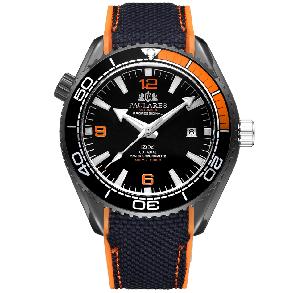 Мужские автоматические механические холщовые часы с резиновым ремешком James Bond 007, стильные оранжевые, синие, красные классические часы с вращающейся рамкой - Цвет: Black Orange Black