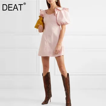 

DEAT 2020 New Summer Fashion Casuall High Waist Slim Puff Sleeve Ruffles Solid Slim Loose Strapless Dress Women SB844