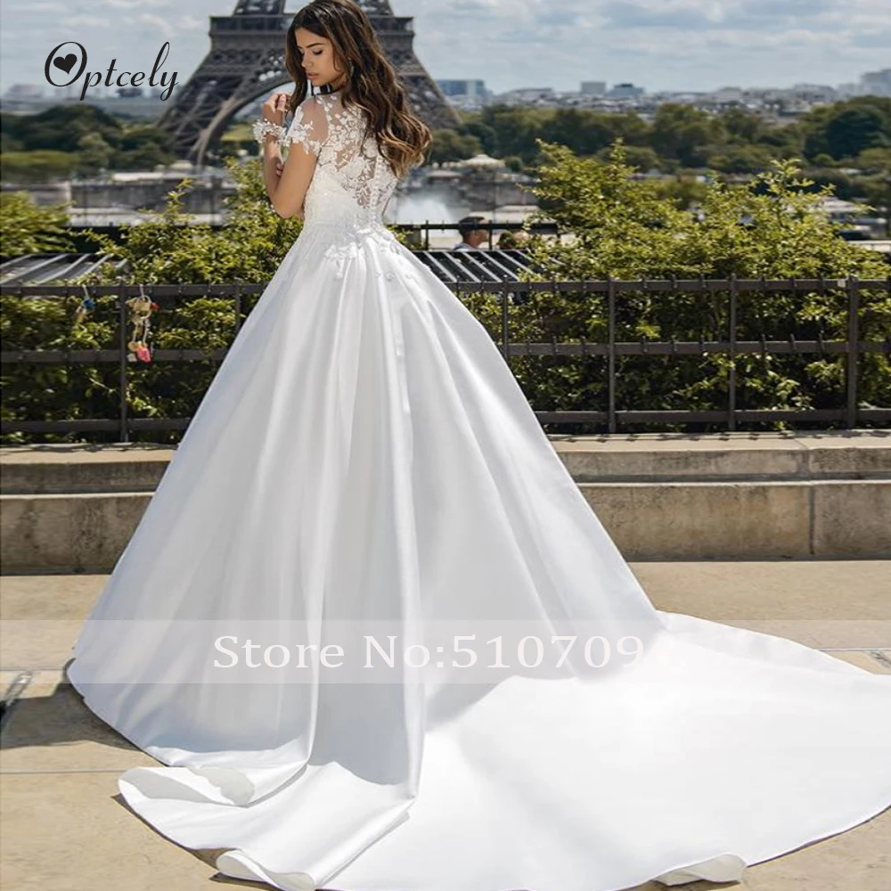 Optcely с коротким рукавом, атласное платье Vestido de Noiva; обувь класса люкс с О-образным вырезом Свадебные платья с кружевными аппликациями, Бисер развертки Поезд платья принцессы
