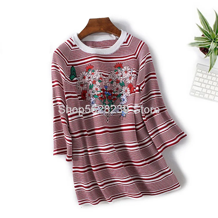 

2020 Season Temperament Fresh Sweet Stripes Contrast Color Exquisite Embroidery Round Neck Seven Points Sleeve Sweater