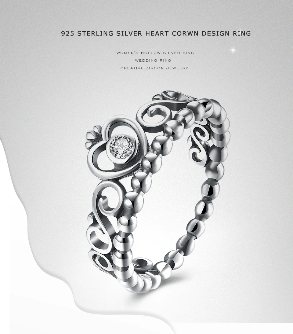 SILVERHOO Sterling Silver 925 Rings For Women Heart Crown Zircon Hollow Carved Design Finger Ring Hot Sale Fine Jewelry Gift