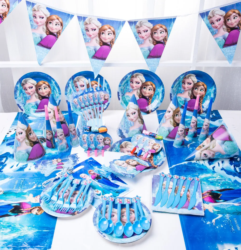Juegos de cubiertos desechables con personajes de Frozen para niños, decoraciones para fiestas de cumpleaños con placas de papel de dibujos animados azules