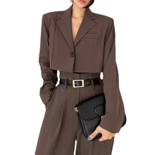 2022 Office Lady Blazer Suits Vintage Two Piece Set Women Long Sleeve Short Blazer  High Waist Wide Leg Long Pants 2 Piece