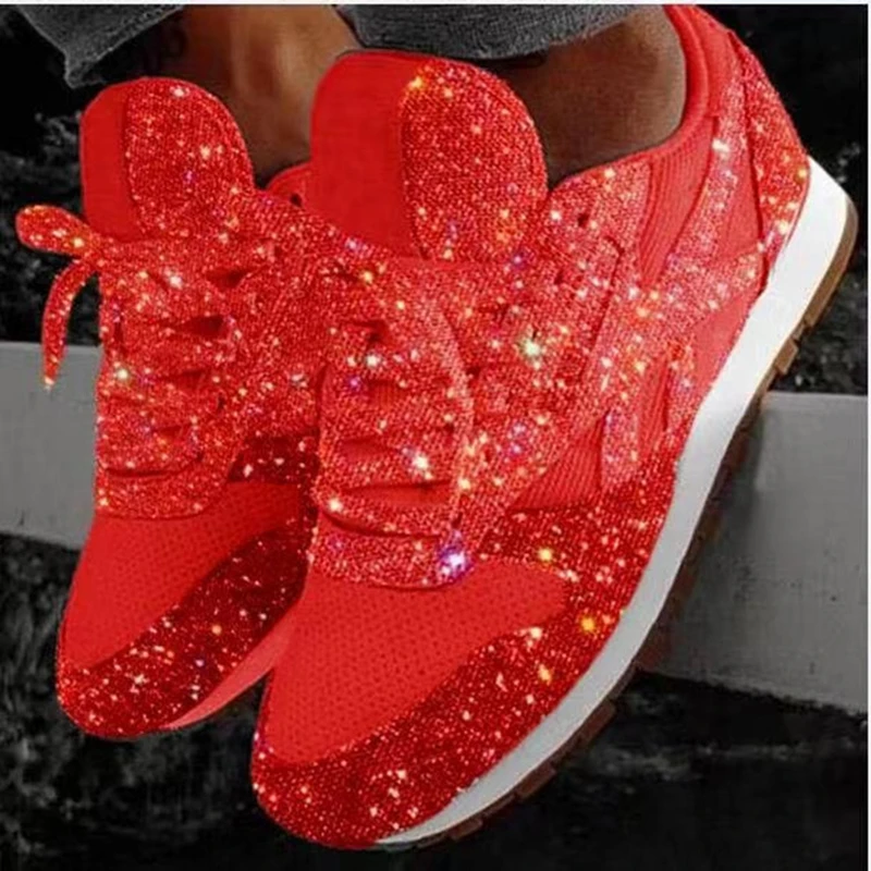 

Dazzling Casual Shoes Women Sequin Bling Sneakers Vulcanized Shoes Mesh Breathable Rhinestone Lace Up 2019 Autumn Sport Shoes