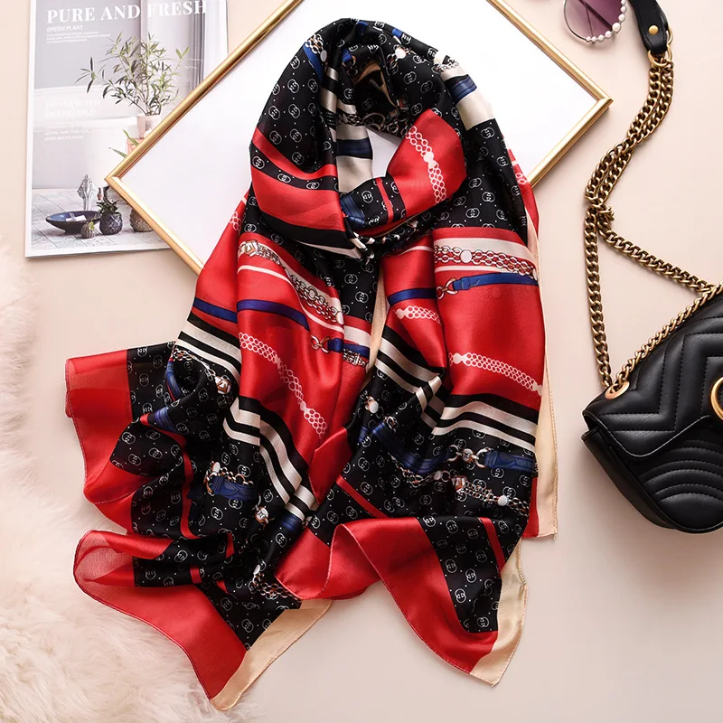 Женский роскошный шелковый шарф, пляжные шали, Осень-зима, теплые женские шали из пашмины, шарфы, палантин, шарфы с принтом на цепочке - Цвет: Red black