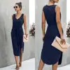 Summer Sleeveless V Neck Drawstring High Waist A Line Dress Sexy Knee Length Asymetrical Dress Casual Cotton Tank Shirt Dress ► Photo 3/6