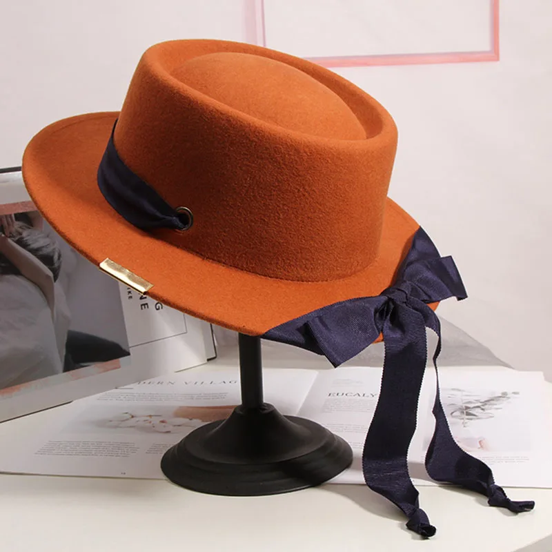 

French retro lace-up black big brim wide brim woolen top hat female autumn and winter British wild jazz hat