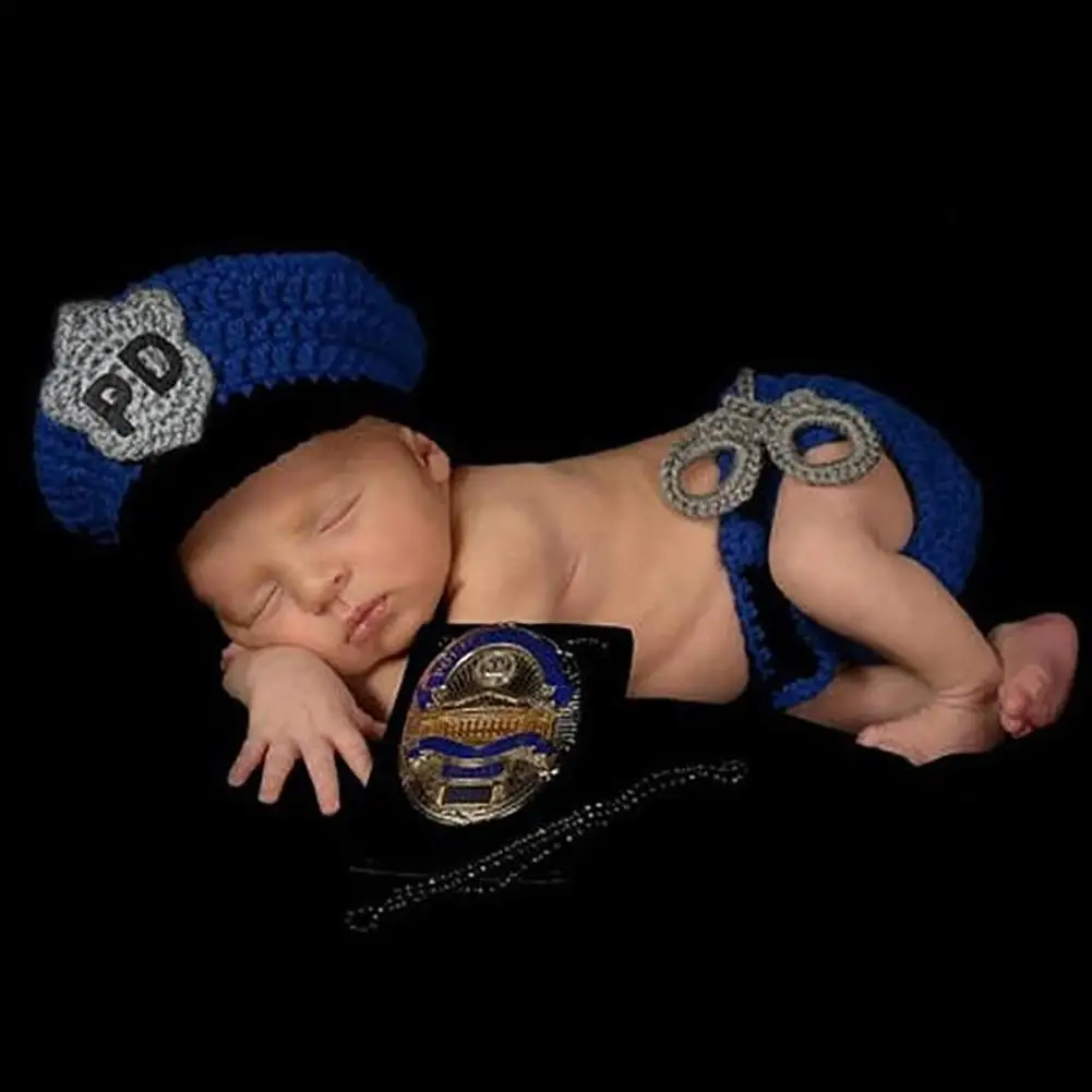 Conjunto de pañales con gorro de policía para recién nacido, disfraz de bebé, bragas de punto, gorra, utillaje de fotografía infantil