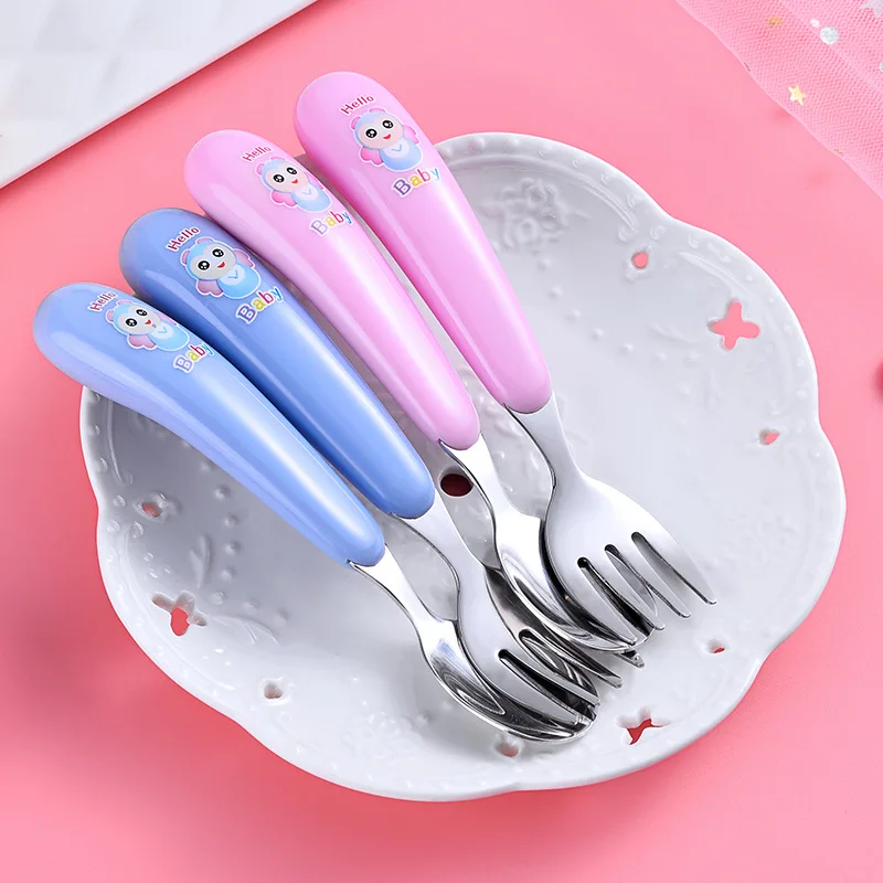 New Lovely Bear Print Baby Flatware Spoon Children Stainless Steel Fork Spoon Set Baby Eating Soup Spoon Tableware Spoon Fork