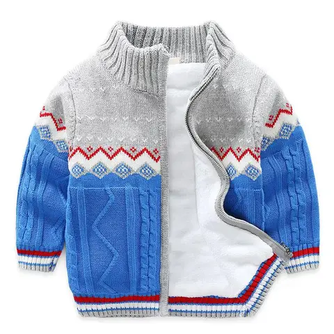Children Sweater Winter Spring Kids Knitted Sweaters For Boys Cardigan Thick Baby Jacket Velvet Lined Gray And Blue Coat
