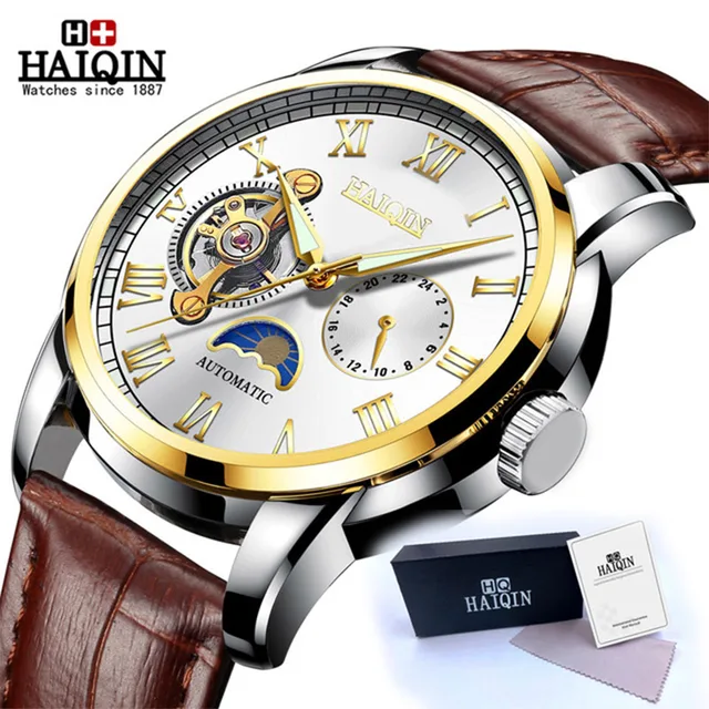 HAIQIN Automatic Mechanical Watch Men Stainless Steel Watches Mens Brand Luxury Business Waterproof Wristwatch relogio masculino Gold White