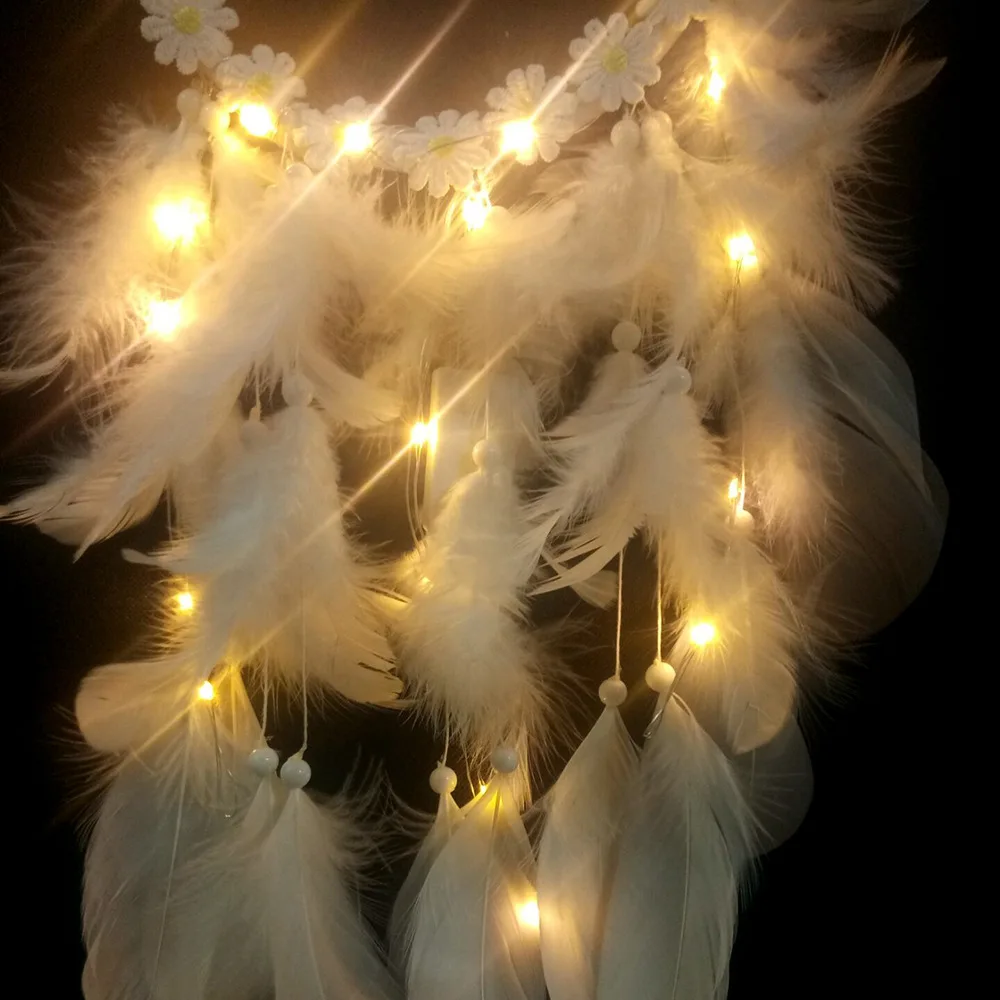 Модный Ловец снов с светодиодный полым обручем в форме сердца кулон перья ручной работы ночной Светильник Настенный домашний Декор подарок
