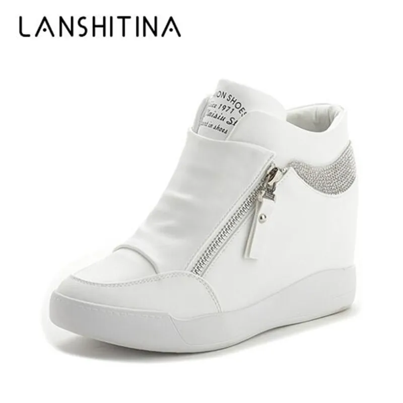

Women Boots 2019 Autumn Platform Rhinestone Sneakers 8CM Wedge Heels Comfortable Leather Short Boots Winter Ankle Boots Woman