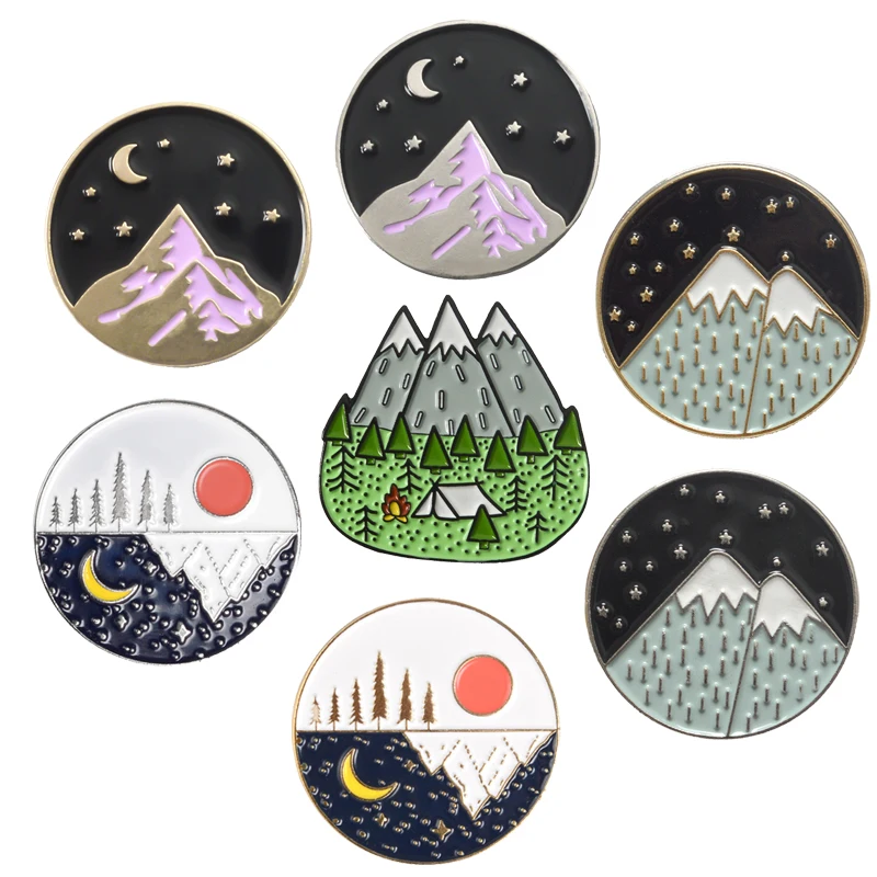 

Landscape Lapel Metal Pins Snow mountain forest Starry sky sun moon Brooches Badges Bag Enamel Pins Jewelry Gifts For Friends