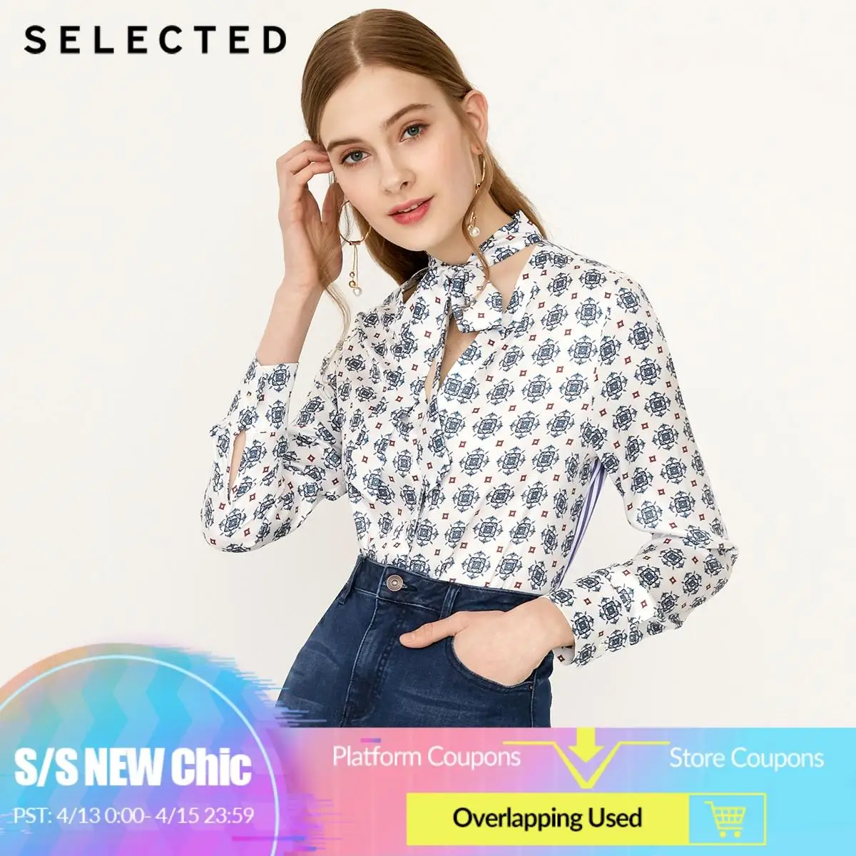 

SELECTED Women's Spring Spliced Print Lace-up Shirt S|419105537