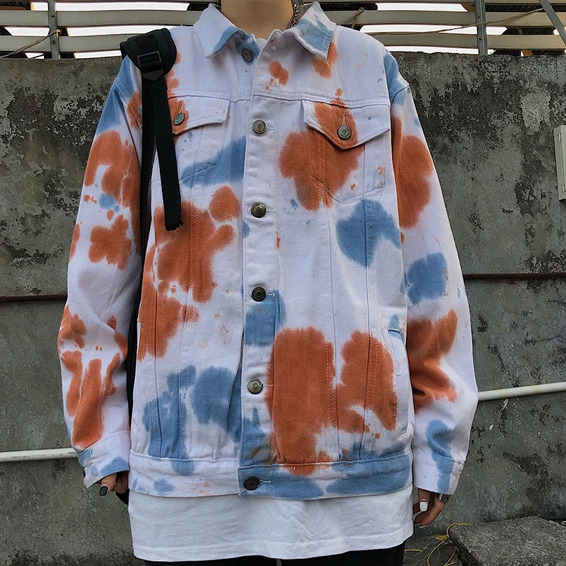 Buy Hip Hop Denim Jacket Men's Fashion Tie-dye Printing Casual Denim Jackets Mens Streetwear Wild Loose Bomber Jacket Men Outwear