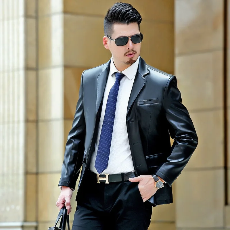 

2020 Men's Autumn New Style Middle-aged Father-Men's Business Casual Solid Color Shiny Side-Style Suit Collar PU Leather